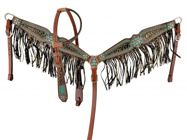 Showman Bejeweled metallic leopard print headstall and breast collar set